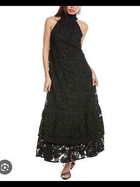 Flora Bea NYC Amadeus Black 3D Floral Rosette Halter Maxi Dress XS New